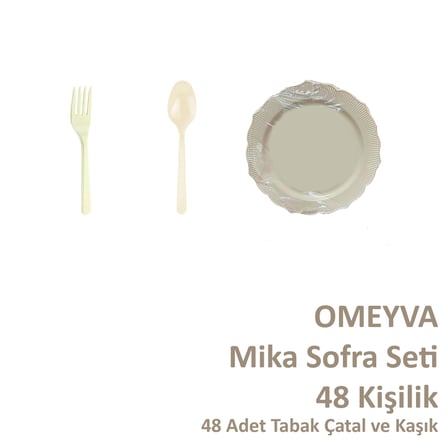 Omeyva 26 Cm. Plastik Sert Mika Krem Sorfa Piknik Seti - 48 Kişilik Tabak Çatal Kaşık Takımı