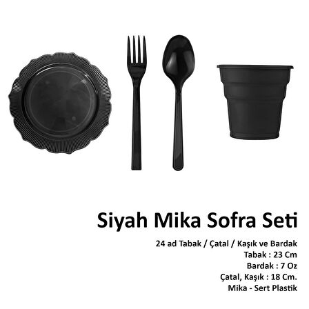 Omeyva 23 cm. Mika Plastik Siyah Piknik Seti - 24 Kişilik Tabak Bardak Çatal Kaşık Takımı