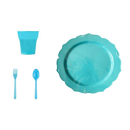 Omeyva 23 Cm. Plastik Mika Turkuaz Sorfa Piknik Seti - 12 Kişilik Tabak Bardak Çatal Kaşık Takımı