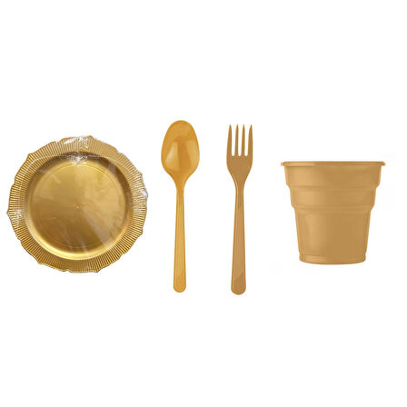 Omeyva Dayanıklı Mika Plastik Altın Sorfa Piknik Seti - 48 Kişilik Tabak Bardak Çatal Kaşık Takımı