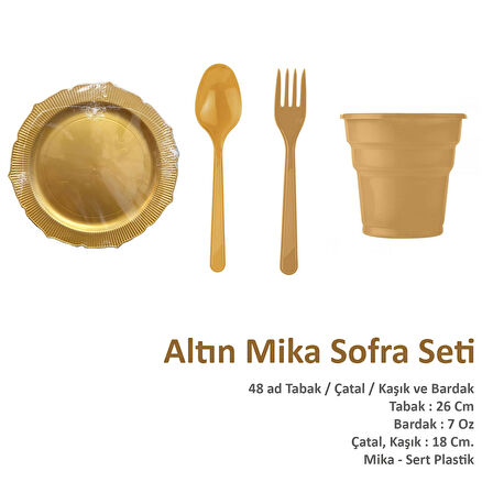 Omeyva Dayanıklı Mika Plastik Altın Sorfa Piknik Seti - 48 Kişilik Tabak Bardak Çatal Kaşık Takımı