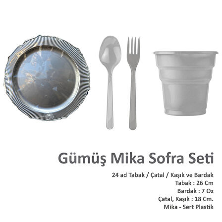 Omeyva 26 Cm. Mika Plastik Gümüş Sorfa Piknik Seti - 24 Kişilik Tabak Bardak Çatal Kaşık Takımı