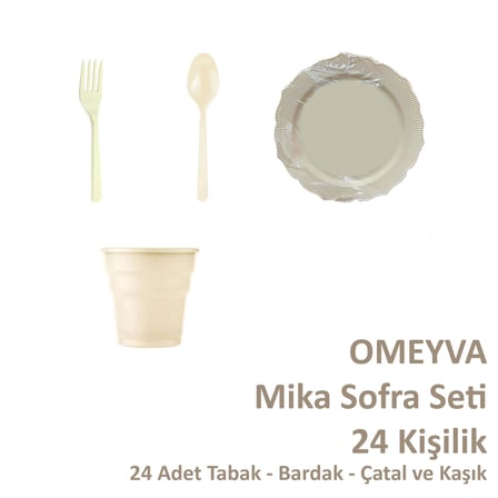 Omeyva 26 Cm. Sert Plastik Mika Krem Sorfa Piknik Seti - 24 Kişilik Tabak Bardak Çatal Kaşık Takımı