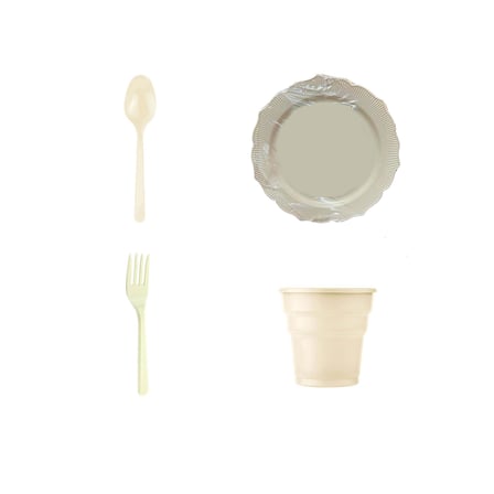 Omeyva 26 Cm. Sert Plastik Mika Krem Sorfa Piknik Seti - 48 Kişilik Tabak Bardak Çatal Kaşık Takımı