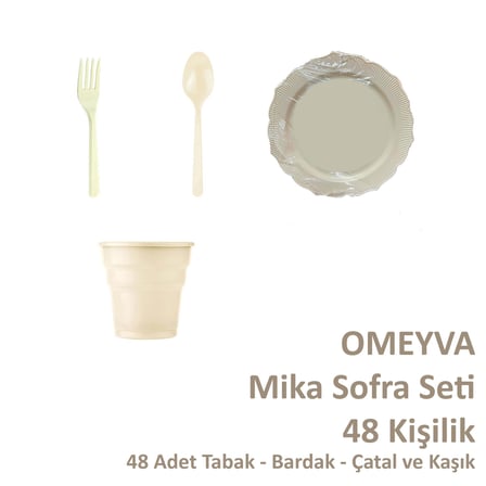 Omeyva 26 Cm. Sert Plastik Mika Krem Sorfa Piknik Seti - 48 Kişilik Tabak Bardak Çatal Kaşık Takımı