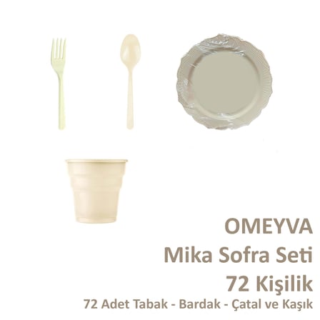 Omeyva 26 Cm. Sert Plastik Mika Krem Sorfa Piknik Seti - 72 Kişilik Tabak Bardak Çatal Kaşık Takımı