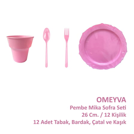 Omeyva 26 Cm. Plastik Mika Pembe Sorfa Piknik Seti - 12 Kişilik Tabak Bardak Çatal Kaşık Takımı