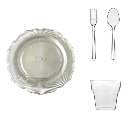 Omeyva 26 Cm. Plastik Mika Şeffaf Sorfa Piknik Seti - 24 Kişilik Tabak Bardak Çatal Kaşık Takımı