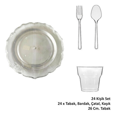 Omeyva 26 Cm. Plastik Mika Şeffaf Sorfa Piknik Seti - 24 Kişilik Tabak Bardak Çatal Kaşık Takımı