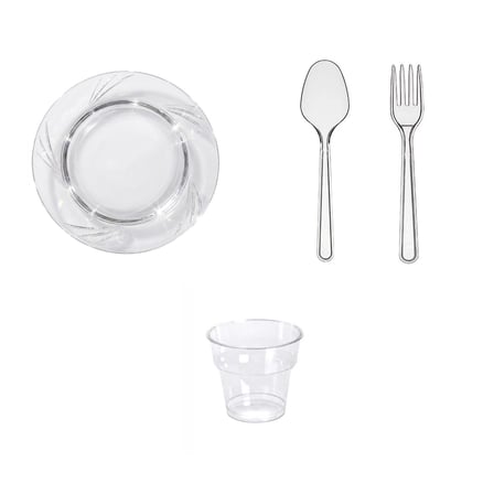 Omeyva 23 Cm. Şeffaf Plastik Sorfa Piknik Seti - 24 Kişilik Tabak Bardak Çatal Kaşık Takımı