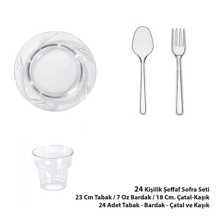 Omeyva 23 Cm. Şeffaf Plastik Sorfa Piknik Seti - 24 Kişilik Tabak Bardak Çatal Kaşık Takımı