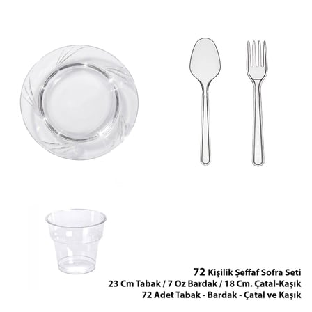 Omeyva 23 Cm. Şeffaf Plastik Sorfa Piknik Seti - 72 Kişilik Tabak Bardak Çatal Kaşık Takımı