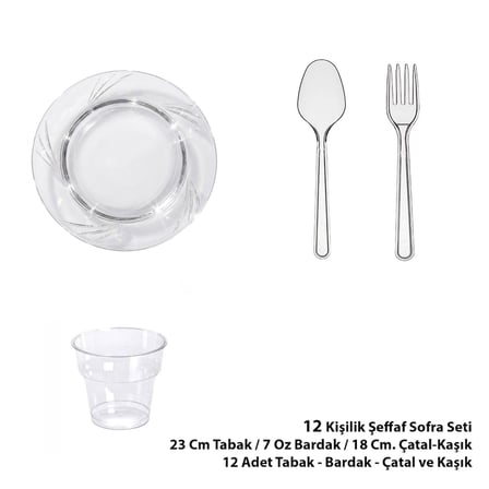 Omeyva 23 Cm. Şeffaf Plastik Sorfa Piknik Seti - 12 Kişilik Tabak Bardak Çatal Kaşık Takımı