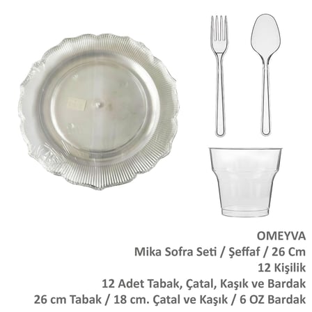 Omeyva 26 Cm. Şeffaf Plastik Sorfa Piknik Seti - 12 Kişilik Tabak Bardak Çatal Kaşık Takımı