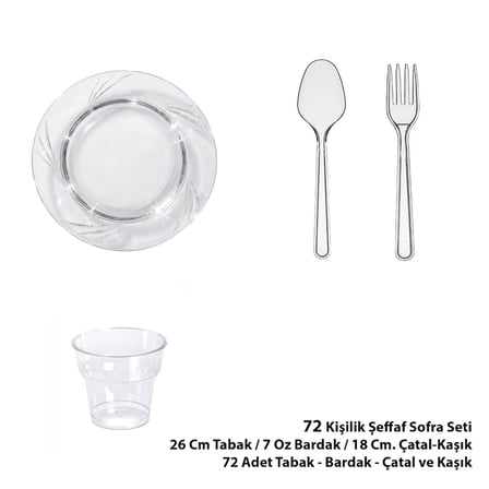 Omeyva 26 Cm. Şeffaf Plastik Sorfa Piknik Seti - 72 Kişilik Tabak Bardak Çatal Kaşık Takımı