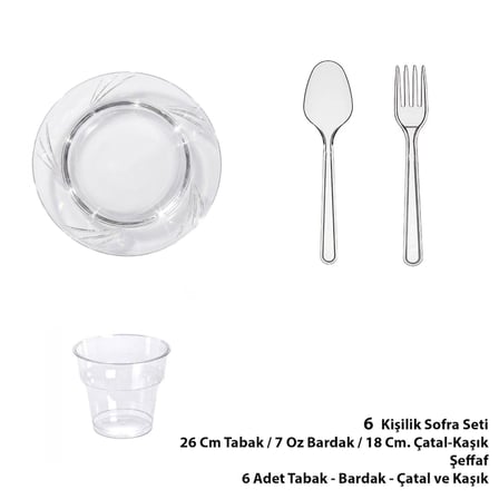 Omeyva 26 Cm. Şeffaf Plastik Sorfa Piknik Seti - 6 Kişilik Tabak Bardak Çatal Kaşık Takımı