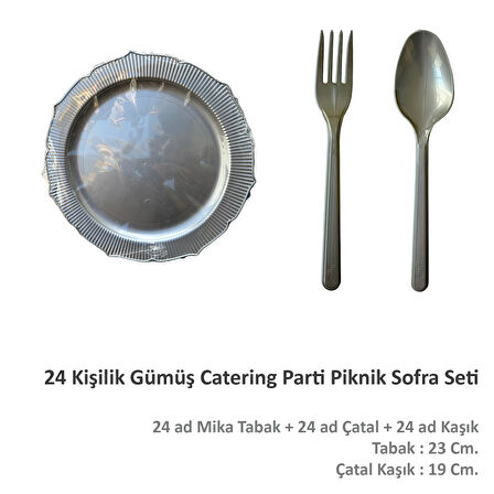 Omeyva Nişan Kına Piknik Gümüş Sorfa Seti - Sert Mika Plastik - 24 Kişilik Tabak Çatal Kaşık Takımı