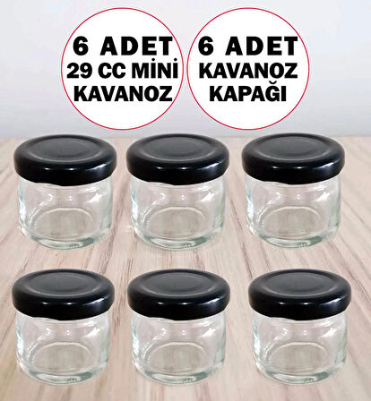 6 Adet 29 CC Minik Kavanoz Siyah Kapaklı Hediyelik Nişan Numune Kavanozu