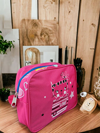 Minnoş Kediler Baskılı Pembe İlkokul Çantası ve Beslenme Çantası