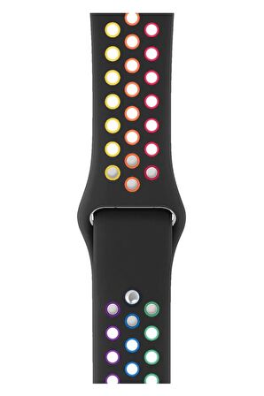 Watch 2 3 4 5 6 7 8 9 Se 38 40 41mm Uyumlu Delikli Spor Silikon Kordon Black Rainbow 