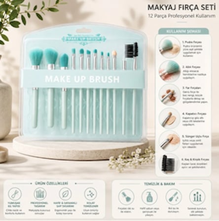 12 Parça Profesyonel Makyaj Fırça Seti – Pudra, Allık, Far, Kaş ve Göz Makyajı Fırçaları Mint Yeşili