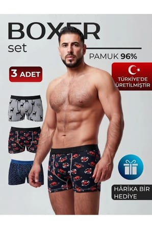 Erkek Boxer Karışık Desenli 3'lü Set Pamuk Boxer Mix