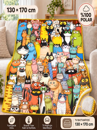  Miyavistan | Kedi Desenli %100 Polar TV Battaniyesi 130x170CM Büyük Boy