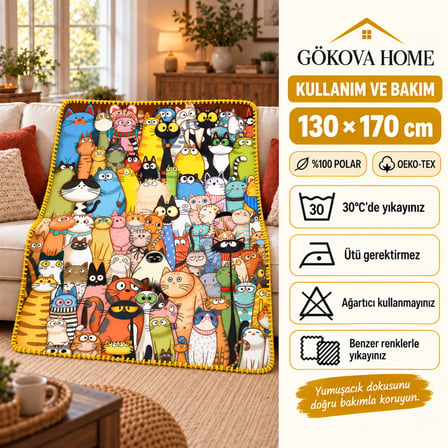  Miyavistan | Kedi Desenli %100 Polar TV Battaniyesi 130x170CM Büyük Boy