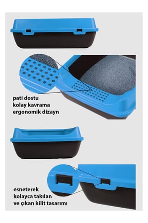 ELEKLİ AÇIK KEDİ TUVALETİ MAVİ + KÜREK SET