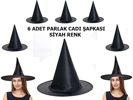 Mo0bgift Halloween Siyah Renk Parlak Dralon Cadı Şapkası Parti Yetişkin ve Çocuk Uyumlu 6 Adet