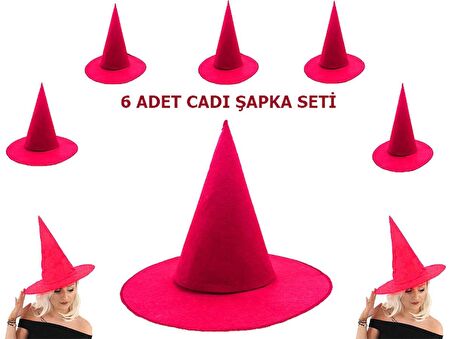 Mobgift Pembe Fuşya Renk Keçe Cadı Şapkası Yetişkin Çocuk Uyumlu 6 Adet