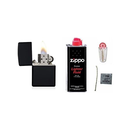 Mobgift 4’lü Set Zippo Çakmak Benzinli (Siyah) + Benzin + Taş + Fitil