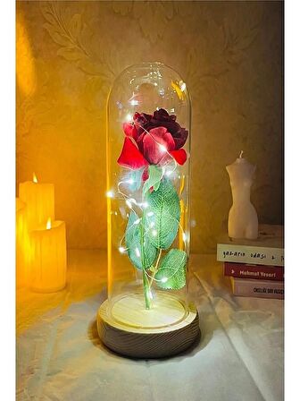 Mobgift Tek Gül Tasarımlı Ahşap Standlı Işıklı Cam Fanus (Kırmızı)