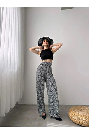 Desenli Beli Lastikli Bürümcük Pantolon -Gri