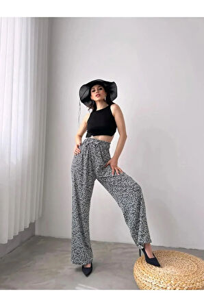 Desenli Beli Lastikli Bürümcük Pantolon -Gri