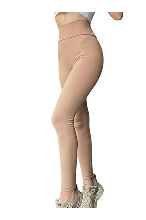 Yüksek Bel Fitilli Şardonlu Tayt - Bej