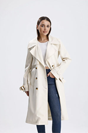 Ekru Klasik Kuşaklı Astarlı Trençkot