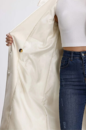 Ekru Klasik Kuşaklı Astarlı Trençkot