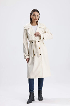 Ekru Klasik Kuşaklı Astarlı Trençkot