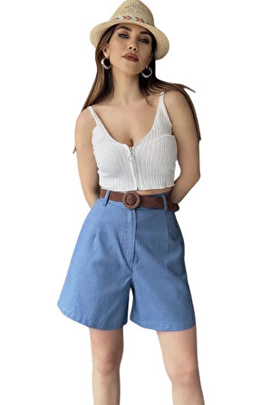 Rahat Kesim Kemerli Mom Şort-Açik Mavi