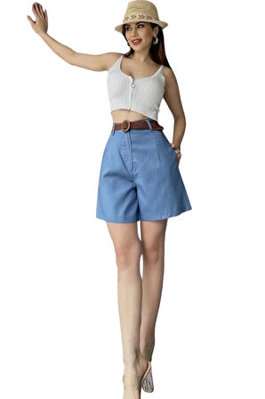 Rahat Kesim Kemerli Mom Şort-Açik Mavi