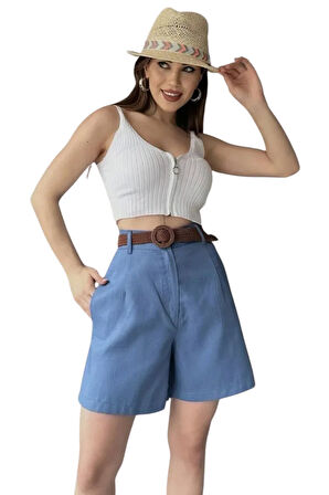 Rahat Kesim Kemerli Mom Şort-Açik Mavi