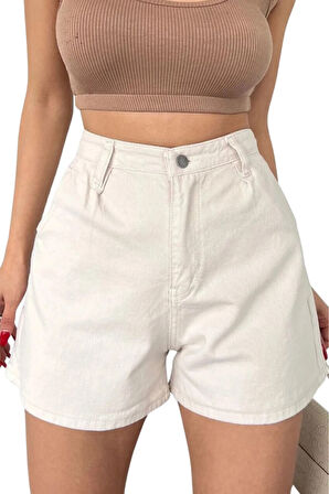 Mini Denim Şort Cepli -Krem