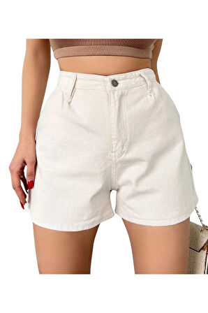 Mini Denim Şort Cepli -Krem