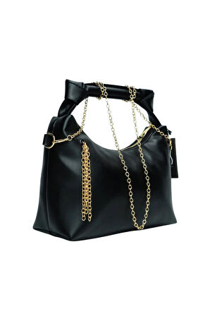 Zincir Askılı Deri Çanta-Siyah