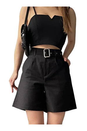 Rahat Kesim Kemerli Şort -SİYAH