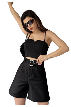 Rahat Kesim Kemerli Şort -SİYAH