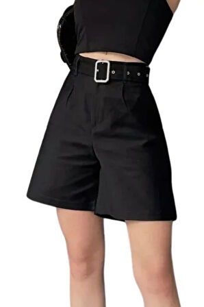 Rahat Kesim Kemerli Şort -SİYAH