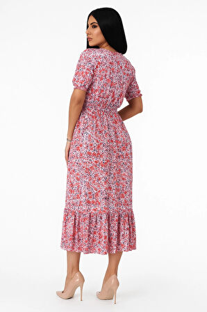 Çiçek Desenli Yırtmaçlı Elbise - Pembe