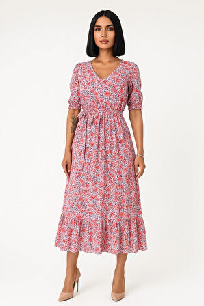 Çiçek Desenli Yırtmaçlı Elbise - Pembe